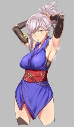 Rule 34 | 1girl, armpits, breasts, cowboy shot, detached sleeves, earrings, fate/grand order, fate (series), grey background, grey eyes, grey hair, hair tie, hair tie in mouth, highres, jewelry, large breasts, long sleeves, looking at viewer, miyamoto musashi (fate), miyamoto musashi (first ascension) (fate), mouth hold, obi, ponytail, presenting armpit, red sash, sash, simple background, solo, standing, tying hair, yozo (stanky)