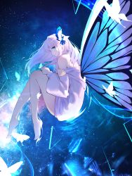 Rule 34 | 1girl, absurdres, bare legs, bare shoulders, barefoot, blue eyes, blue sky, bug, butterfly, butterfly wings, hair ornament, highres, insect, insect wings, kiek qaq, knees to chest, long hair, long sleeves, looking at viewer, original, sky, solo, star (sky), starry sky, white hair, wings
