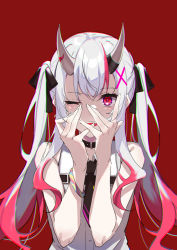 Rule 34 | 1girl, black collar, black necktie, collar, colored tips, fuchi (fuchi 1106), hair behind ear, hands on own face, highres, hololive, horns, multicolored hair, nakiri ayame, nakiri ayame (streetwear), necktie, official alternate costume, one eye closed, oni, open mouth, red eyes, red hair, skin-covered horns, smile, solo, twintails, virtual youtuber, white hair