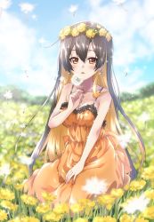 Rule 34 | 1girl, absurdres, black hair, blush, breasts, cleavage, cloud, commission, dandelion, day, dress, earrings, field, flower, full body, hair between eyes, head wreath, highres, holding, holding flower, jewelry, kuroi mimei, long hair, looking at viewer, medium breasts, monero-chan, multicolored hair, orange dress, orange eyes, orange hair, original, outdoors, second-party source, seiza, sitting, skeb commission, sky, sleeveless, sleeveless dress, solo, spaghetti strap, two-tone hair, very long hair, yellow flower