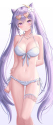 Rule 34 | 1girl, alternate costume, arm at side, arm behind back, bare arms, bare legs, bare shoulders, bikini, blush, braid, breasts, bridal garter, cleavage, cone hair bun, double bun, expressionless, eyewear on head, flower, frilled bikini, frills, front-tie top, genshin impact, gradient background, hair bun, hair flower, hair ornament, halterneck, heart, heart-shaped eyewear, highres, holding own arm, jewelry, keqing (genshin impact), large breasts, long hair, looking at viewer, navel, necklace, parted lips, purple eyes, purple hair, seungju lee, side-tie bikini bottom, sidelocks, simple background, solo, stomach, string bikini, sunglasses, swimsuit, thighs, tinted eyewear, twintails, very long hair, white background, white bikini, white flower