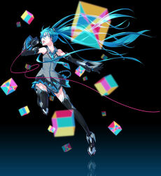 1girl aqua_eyes aqua_hair aqua_necktie black_background black_gloves black_skirt boots collared_shirt detached_sleeves figure_available floating_hair floating_neckwear full_body gloves grey_shirt hatsune_miku headphones holding holding_microphone leg_up long_hair magical_mirai_(vocaloid) magical_mirai_miku magical_mirai_miku_(2014) merchandise_available microphone monq music necktie official_art open_mouth pleated_skirt reflection second-party_source shirt simple_background singing skirt sleeveless sleeveless_shirt solo thigh_boots twintails very_long_hair vocaloid