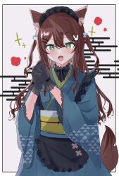 Rule 34 | + +, 1girl, :3, :d, animal ear fluff, animal ears, apron, black apron, black bow, black bowtie, black gloves, blue kimono, bow, bowtie, brown hair, chamu (kohaku sogo), chinese zodiac, cowboy shot, fang, flower, frilled kimono, frills, gloves, green eyes, hair flower, hair ornament, hairclip, highres, japanese clothes, kimono, kohaku sogo, maid, maid headdress, new year, open mouth, original, own hands clasped, own hands together, rabbit hair ornament, skin fang, smile, solo, symbol-shaped pupils, tail, two side up, wa maid, waist apron, wolf ears, wolf girl, wolf tail, year of the rabbit