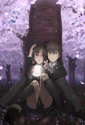 Rule 34 | 1boy, 1girl, black hair, black socks, bob cut, chestnut mouth, commentary request, glowing, hand on another&#039;s head, highres, holding, kneehighs, knees together feet apart, loafers, long sleeves, looking at viewer, miniskirt, original, outdoors, petals, piisu, pointing, red-framed eyewear, school uniform, shirt, shoes, short hair, sitting, skirt, socks, soles, spread legs, thighs, tree, v-shaped eyebrows, white shirt, yellow eyes