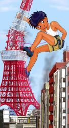 Rule 34 | 1boy, carabiner, character request, child, climbing, copyright request, destruction, from side, giant, giant male, harness, looking at viewer, looking to the side, male focus, outdoors, radio tower, rope, short hair, smile, solo, takenokoya, tokyo tower
