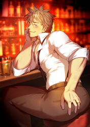 Rule 34 | 1boy, alcohol, ass, back, bara, belt, black pants, blonde hair, blush, chest hair, closed mouth, drink, drunk, hand on own ass, hand on own cheek, hand on own face, hand rest, highres, indoors, jewelry, looking back, male focus, muscular, muscular male, original, pants, purple eyes, ring, shirt, short hair, sideburns, sitting, smile, solo, suspenders, waku (ayamix), white shirt