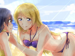 Rule 34 | 10s, 2girls, :p, all fours, ayase eli, beach, bikini, blonde hair, blue eyes, blue hair, blush, brown eyes, cloud, day, hair down, hand on another&#039;s chin, long hair, looking at another, love live!, love live! school idol festival, love live! school idol project, multiple girls, navel, outdoors, sakura ai ke, side-tie bikini bottom, sketch, sky, sonoda umi, swimsuit, tongue, tongue out, water, yuri