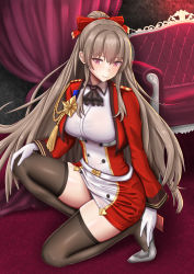 Rule 34 | 1girl, aiguillette, azur lane, bad id, bad pixiv id, black thighhighs, blush, breasts, brown hair, chin gero, closed mouth, couch, cropped jacket, curtains, full body, gloves, hair between eyes, hair ribbon, high heels, highres, jacket, large breasts, long hair, looking at viewer, medal, on one knee, ponytail, red jacket, red ribbon, ribbon, rudder footwear, shoes, sidelocks, smile, solo, swiftsure (azur lane), thighhighs, tsurime, very long hair, white gloves