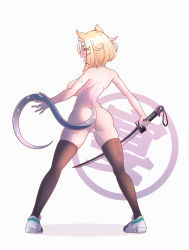 Rule 34 | 1girl, absurdres, animal ears, arknights, ass, breasts, brown thighhighs, butt crack, cleft of venus, from behind, highres, holding, holding sword, holding weapon, kanji, large breasts, lion ears, lion girl, lion tail, open mouth, pussy, red eyes, shoes, skindentation, sneakers, solo, sword, tail, thighhighs, uncensored, utage (arknights), weapon, white background, xia wanzi