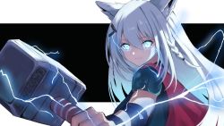 Rule 34 | 1girl, absurdres, animal ears, bad id, bad twitter id, braid, cape, commentary request, cosplay, fox ears, fox girl, glowing, glowing eyes, green eyes, hair between eyes, hair ornament, hairclip, hammer, highres, holding, holding hammer, hololive, hz (helu 2), long hair, looking at viewer, marvel, outstretched arms, red cape, shirakami fubuki, sidelocks, single braid, smile, solo, thor (marvel), thor (marvel) (cosplay), virtual youtuber, white hair