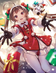 Rule 34 | 1girl, ahoge, azur lane, black gloves, box, breasts, brown eyes, brown hair, christmas, cleavage cutout, clothing cutout, commentary request, dress, fake facial hair, fake mustache, fur-trimmed gloves, fur-trimmed headwear, fur-trimmed sleeves, fur trim, gift, gift box, gloves, hair bobbles, hair ornament, hairband, hat, highres, long hair, looking at viewer, open mouth, outstretched arm, panda, pantyhose, ping hai (azur lane), puffy short sleeves, puffy sleeves, reaching, reaching towards viewer, red dress, red headwear, sack, santa dress, santa hat, short sleeves, small breasts, smile, solo, thighband pantyhose, white hairband, white pantyhose, yuko (uc yuk)