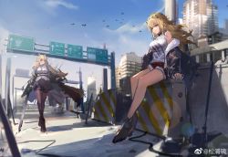 Rule 34 | 2girls, absurdres, animal ears, arknights, bare legs, bare shoulders, black choker, black footwear, black jacket, black legwear, black skirt, blonde hair, blouse, blue sky, boots, breasts, character request, choker, commentary request, day, great lungmen logo, highres, jacket, large breasts, lion ears, long hair, miniskirt, multiple girls, off shoulder, open clothes, open jacket, outdoors, pantyhose, red shorts, shirt, shoes, short shorts, shorts, siege (arknights), sitting, skirt, sky, songpujing, tank top, white shirt, white tank top, yellow eyes