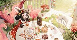 Rule 34 | 1girl, alice in wonderland, animal, animal ears, bird, black hair, black tea, blurry, branch, brown hair, buttons, cake, cake slice, card, checkerboard cookie, clock, collared dress, cookie, cup, cupcake, curly hair, day, depth of field, dress, ear tag, flamingo, flower, food, food request, fork, from above, fruit, grass, hair flower, hair ornament, head rest, heart-shaped cookie, heart button, highres, hinata (echoloveloli), knife, looking away, mushroom, pie, playing card, pouch, queen of hearts (alice in wonderland), rabbit ears, railing, red dress, red flower, red rose, road, rose, rose bush, saucer, sidelocks, spoon, strawberry, table, tea, teacup, teapot, tiara, tiered tray, waiting, white flower, white rose