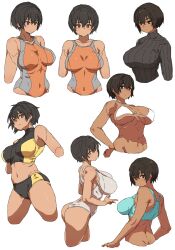 Rule 34 | 1girl, ass, breasts, breasts apart, dark-skinned female, dark skin, highres, kei (m k), large breasts, m k, multiple views, one-piece swimsuit, original, short hair, solo, stomach, sweater, swimsuit, tall, tall female, tomboy, underboob