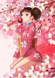 Rule 34 | 10s, 1girl, absurdres, blush, brown hair, candy apple, ccjn, cherry blossoms, choker, commentary request, floral print, food, hair ribbon, highres, japanese clothes, kimono, koutetsujou no kabaneri, long sleeves, looking at viewer, mumei (kabaneri), open mouth, red eyes, ribbon, ribbon choker, sash, seiza, short hair, short kimono, sitting, solo, tree, twintails