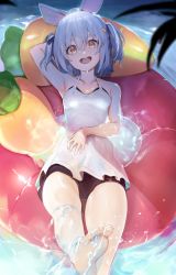 Rule 34 | 1girl, :d, animal ears, arm behind head, armpits, barefoot, blue hair, carrot, carrot hair ornament, dress, food-themed hair ornament, hair ornament, harutask, highres, hololive, inflatable toy, innertube, medium hair, open mouth, rabbit ears, red eyes, short eyebrows, short twintails, smile, solo, swim ring, swimsuit, toes, twintails, usada pekora, virtual youtuber, water