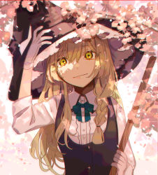 Rule 34 | 1girl, absurdres, black hat, black vest, blonde hair, blouse, blush, bow, bowtie, braid, broom, buttons, cherry blossoms, closed mouth, collared shirt, commentary, gloves, green bow, green bowtie, hand on headwear, hand up, hat, highres, holding, holding broom, kirisame marisa, long hair, looking at viewer, shi chimi, shirt, single braid, solo, touhou, upper body, vest, white gloves, white shirt, witch hat, yellow eyes