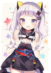 Rule 34 | 1girl, :d, animal ears, bare shoulders, black dress, blush, breasts, cat ears, cleavage, cleavage cutout, clothing cutout, dress, hair ornament, hairclip, hands up, highres, kaguya luna, leaning to the side, looking at viewer, medium breasts, open mouth, purple eyes, sash, shiino sera, silver hair, sleeveless, sleeveless dress, smile, solo, the moon studio, twintails, virtual youtuber