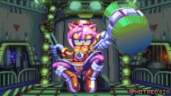 Rule 34 | 1girl, amy rose, animal ears, arm up, artist name, body fur, boots, breasts, breasts out, clothing aside, dress, female focus, furry, furry female, gloves, green eyes, hairband, half-closed eyes, hand up, holding, holding weapon, indoors, knee boots, lever, long sleeves, looking at viewer, nipples, open mouth, outstretched arm, panties, panties aside, pink fur, pink hair, pixel art, presenting, pussy, red footwear, rockthebull, short dress, short hair, sidelocks, sitting, small breasts, solo, sonic (series), toy hammer, twitter username, uncensored, underwear, upskirt, watermark, weapon, white gloves, white panties, yellow dress, yellow hairband