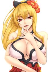 Rule 34 | 10s, 1girl, akitsuki karasu, bare shoulders, black bow, blonde hair, bow, breasts, cleavage, female focus, finger to own chin, flower, granblue fantasy, hair bow, hair flower, hair ornament, hibiscus, highres, large breasts, long hair, looking at viewer, open mouth, parted lips, ponytail, red eyes, simple background, smile, solo, upper body, vira (granblue fantasy), white background