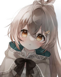 Rule 34 | 1girl, ahoge, brown cloak, brown hair, cloak, closed eyes, commentary, feather hair ornament, feathers, gradient background, hair ornament, hairclip, hololive, hololive english, long hair, looking at viewer, nanashi mumei, open mouth, pinching, ponytail, portrait, solo, spi, virtual youtuber, white background, yellow eyes