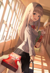 Rule 34 | 1girl, 1other, absurdres, bag, black bag, black hairband, black skirt, blunt bangs, blush, bow, bowtie, box, breasts, brown eyes, brown hair, collared shirt, dutch angle, food, foreshortening, grey jacket, hairband, hallway, highres, holding, holding bag, holding box, holding snack, incoming gift, indoors, jacket, long hair, long sleeves, medium breasts, open mouth, original, out of frame, pleated skirt, pocky, pocky day, red bow, red bowtie, school bag, school uniform, shirt, skirt, smile, white shirt, window, yeolyeo