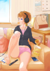 Rule 34 | 1girl, bag, barefoot, blue eyes, brown hair, calendar (object), can, cellphone, chips (food), collarbone, controller, couch, curtains, eating, feet, feet on chair, food, hand on own knee, headphones, highres, hood, hoodie, indoors, legs, looking away, magazine (object), mouth hold, original, panties, phone, pink panties, potato chips, remote control, short hair, sitting, smartphone, soles, solo, solvalou, toes, underwear, window