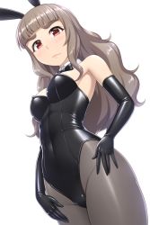 Rule 34 | 1girl, animal ears, bare shoulders, black bow, black bowtie, black gloves, black leotard, blunt bangs, blush, bow, bowtie, breasts, brown hair, closed mouth, detached collar, elbow gloves, eyebrows, fake animal ears, gloves, grey pantyhose, highleg, highleg leotard, highres, idolmaster, idolmaster cinderella girls, kamiya nao, latex, latex leotard, leotard, lips, long hair, looking at viewer, medium breasts, pantyhose, pataneet, playboy bunny, rabbit ears, red eyes, simple background, solo, standing, strapless, strapless leotard, thick eyebrows, white background
