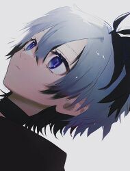 Rule 34 | 1girl, am/g, androgynous, black choker, black hair, blue eyes, choker, closed mouth, commentary, dutch angle, english commentary, expressionless, film grain, flower (vocaloid), flower (vocaloid4), from side, grey hair, hair between eyes, highres, looking ahead, multicolored hair, portrait, short hair, simple background, solo, streaked hair, vocaloid, white background