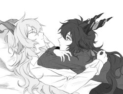 Rule 34 | 2boys, animal ears, arknights, bed sheet, boy on top, closed eyes, closed mouth, collared shirt, crossed arms, ebenholz (arknights), from side, greyscale, hair between eyes, horns, kreide (arknights), long hair, long sleeves, male focus, monochrome, multiple boys, pillow, profile, rio (rio773), shirt, simple background, very long hair, white background