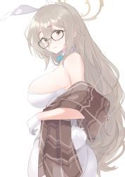 Rule 34 | 1girl, akane (blue archive), akane (bunny) (blue archive), animal ears, ass, blue archive, breasts, brown eyes, brown hair, fake animal ears, glasses, gloves, hair between eyes, halo, highres, kyuuri (miyako), large breasts, leotard, long hair, looking at viewer, pantyhose, playboy bunny, rabbit ears, rabbit tail, scarf, simple background, solo, tail, white background