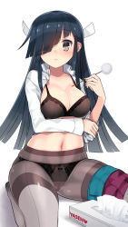 Rule 34 | 10s, 1girl, 2015, artist name, bad id, bad pixiv id, black bra, black eyes, black panties, blue hair, blush, bow, bow panties, bra, breast hold, breasts, cameltoe, cleavage, covered erect nipples, dated, grey pantyhose, hair over one eye, hair ribbon, hayashimo (kancolle), highres, kantai collection, kuro chairo no neko, lace, lace-trimmed bra, lace-trimmed panties, lace trim, large breasts, looking at viewer, mimikaki, navel, open clothes, open shirt, panties, panties under pantyhose, pantyhose, pleated skirt, ribbon, shirt, simple background, sitting, skirt, skirt around one leg, smile, solo, thighband pantyhose, tissue box, twitter username, underwear, wariza, white background