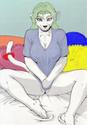 Rule 34 | bed, blush, breasts, elma, feet, furry, green hair, highres, naughty face, pussy, smile, tenchi muyou!, tenchi muyou! gxp, trump (team shuffle)