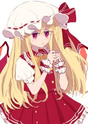 Rule 34 | 1girl, alternate hair length, alternate hairstyle, blonde hair, bow, bowtie, buttons, collar, crystal, fingers together, flandre scarlet, frilled collar, frilled skirt, frills, hair between eyes, hair bow, hat, highres, light blush, looking down, mob cap, one side up, pleated skirt, pointy ears, puffy short sleeves, puffy sleeves, red eyes, red skirt, red vest, ribbon trim, shocho (shaojiujiu), short sleeves, side ponytail, sketch, skirt, touhou, upper body, vest, white background, wings, wrist cuffs, yellow neckwear