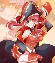 Rule 34 | 1girl, absurdres, breasts, cleavage, coat, eyepatch, grin, hand on own hip, hat, highres, hololive, houshou marine, long hair, looking at viewer, midriff, mori calliope (artist), red eyes, red hair, see-through, see-through cleavage, skirt, sleeves past fingers, sleeves past wrists, smile, solo, virtual youtuber, yellow eyes, zoom layer