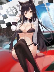 Rule 34 | 1girl, absurdres, animal ears, atago (azur lane), atago (stunning speedster) (azur lane), azur lane, bikini, bikini tug, black bikini, black hair, black thighhighs, breasts, brown eyes, checkered flag, cleavage, closed mouth, commentary request, crossed legs, extra ears, flag, groin, hand up, highleg, highleg bikini, highres, kano (wi3028), large breasts, logo, long hair, looking at viewer, mole, mole under eye, navel, race queen, ribbon, shoes, shrug (clothing), sitting, sleeve cuffs, smile, solo, swept bangs, swimsuit, thighhighs, two-tone bikini, unitard, white footwear, white ribbon, wrist cuffs