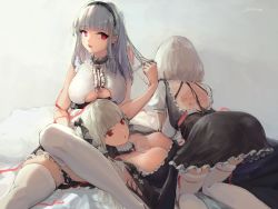 Rule 34 | 3girls, :d, :o, all fours, ass, asymmetrical docking, azur lane, between breasts, black dress, black hairband, black skirt, blunt bangs, body writing, breast press, breasts, center frills, cleavage, clothing cutout, collar, detached collar, dido (azur lane), dress, earrings, formidable (azur lane), frilled dress, frills, gradient background, grey background, twirling hair, hairband, heterochromia, highres, jewelry, kioroshin, knee up, large breasts, long hair, long sleeves, looking at viewer, lying, multiple girls, on back, open mouth, purple eyes, red eyes, red ribbon, revision, ribbon, shirt, short sleeves, signature, silver hair, sirius (azur lane), sitting, skirt, sleeveless, sleeveless shirt, smile, thighhighs, twintails, underboob, underboob cutout, white legwear, white shirt
