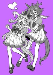 Rule 34 | 2girls, @ @, agnes digital (umamusume), agnes tachyon (umamusume), ahoge, animal ears, blush, bow, bowtie, full body, grabbing, grabbing from behind, greyscale, hair between eyes, hair bow, half-closed eyes, hand on another&#039;s shoulder, heart, highres, holding, holding test tube, horse ears, horse girl, horse tail, light blush, long bangs, long hair, looking at another, mary janes, monochrome, multiple girls, open mouth, pink background, pleated skirt, puffy short sleeves, puffy sleeves, school uniform, screaming, serafuku, shoes, short hair, short sleeves, skirt, smile, spot color, sweat, swept bangs, tail, tearing up, test tube, thighhighs, tracen school uniform, two side up, umamusume, waist bow, wide-eyed, yokuko zaza