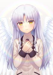 Rule 34 | 1girl, angel beats!, angel wings, blazer, blush, brown eyes, brown jacket, closed mouth, collared shirt, commentary request, dress shirt, feathered wings, grey background, head tilt, highres, jacket, long hair, nakamura hinato, purple hair, shirt, smile, solo, tenshi (angel beats!), upper body, very long hair, white shirt, white wings, wings