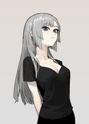 Rule 34 | 1girl, arms behind back, asymmetrical bangs, black shirt, blue eyes, breasts, casual, cleavage, collarbone, gogalking, grey background, grey hair, highres, large breasts, long hair, looking at viewer, maid (gogalking), medium breasts, original, pale skin, shirt, short sleeves, sidelocks, simple background, solo, straight hair, t-shirt, upper body