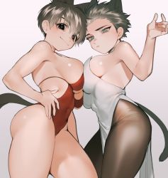 Rule 34 | 2girls, animal ears, ass, bare shoulders, black eyes, black hair, breast press, breasts, brown hair, brown legwear, cat ears, cat girl, cat tail, center opening, covered navel, dotsuco, dress, genderswap, genderswap (mtf), hair between eyes, highleg, highleg swimsuit, highres, large breasts, looking at viewer, multiple girls, one-piece swimsuit, original, pantyhose, pelvic curtain, red one-piece swimsuit, short hair, sideboob, strap gap, strapless, strapless dress, swimsuit, symmetrical docking, tail, thighs, white dress