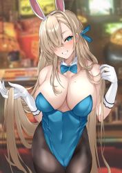 Rule 34 | 1girl, animal ears, aqua eyes, asuna (blue archive), asuna (bunny) (blue archive), black pantyhose, blue archive, blue bow, blue bowtie, blue leotard, blurry, blurry background, blush, bow, bowtie, breasts, cleavage, collarbone, commentary request, covered navel, cowboy shot, detached collar, elbow gloves, fake animal ears, gloves, hair ornament, hair over one eye, hairband, highleg, highleg leotard, highres, large breasts, leotard, light brown hair, long hair, looking at viewer, mole, mole on breast, mutou mame, one eye covered, pantyhose, parted lips, playboy bunny, rabbit ears, smile, solo, traditional bowtie, white gloves, white hairband