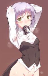 Rule 34 | 1girl, adjusting hair, arms behind head, arms up, bottomless, brown background, dressing, em (totsuzen no hakike), gradient background, green eyes, hot, long sleeves, looking to the side, military, military uniform, mouth hold, navel, necktie, necktie on mouth, no legwear, out-of-frame censoring, sanya v. litvyak, short hair, silver hair, solo, strike witches, sweat, sweat stain, tying hair, uniform, world witches series