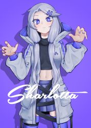 Rule 34 | 1girl, absurdres, black shirt, blue skirt, blush, closed mouth, commentary request, drop shadow, grey hair, grey jacket, hair ornament, hair tie, hairclip, hands up, high collar, highres, jacket, long hair, long sleeves, midriff, nail polish, navel, original, paravene, parted bangs, pleated skirt, puffy long sleeves, puffy sleeves, purple background, purple eyes, purple nails, purple thighhighs, shirt, skindentation, skirt, sleeves past wrists, solo, thighhighs, very long hair