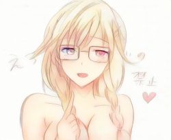 Rule 34 | 1girl, bare shoulders, black-framed eyewear, blonde hair, blush, braid, breasts, collarbone, glasses, hair ornament, hairclip, heart, japanese text, large breasts, long hair, looking to the side, no bra, open mouth, ore wo suki nano wa omae dake ka yo, paintschainer (software), pointing, pointing up, potekite, red eyes, sanshokuin sumireko, sketch, solo, standing, topless, traditional media, translation request, twin braids, white background