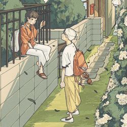 Rule 34 | 2boys, absurdres, akioka (kairo), androgynous, backpack, bag, brown footwear, brown hair, bush, closed mouth, commentary request, day, falling leaves, fence, flower, full body, grass, highres, holding, holding clothes, holding footwear, leaf, light smile, looking at another, mailbox (incoming mail), male focus, multiple boys, noise, orange bag, orange shirt, original, outdoors, pants, sandals, unworn sandals, shirt, short hair, short ponytail, short sleeves, single sandal, sitting, standing, very short hair, white bag, white flower, white footwear, white hair, white pants, white shirt, yellow pants