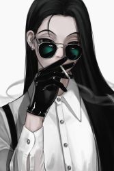 Rule 34 | 1boy, absurdres, black eyes, black gloves, black hair, cigarette, collared shirt, covered mouth, dress shirt, earrings, gloves, hand up, highres, holding, holding cigarette, hunter x hunter, illumi zoldyck, jewelry, latex, latex gloves, likeu 99, long sleeves, looking at viewer, male focus, shiny clothes, shirt, smoke, smoking, solo, straight hair, sunglasses, suspenders, upper body, white shirt
