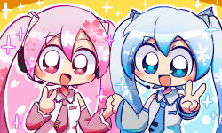 Rule 34 | 2girls, bare shoulders, blue eyes, blue hair, blue necktie, blue trim, collared shirt, detached sleeves, dual persona, frilled shirt collar, frills, gradient hair, grey shirt, grey sleeves, hair between eyes, hatsune miku, headphones, long hair, long sleeves, looking at viewer, multicolored hair, multiple girls, necktie, open mouth, outline, pepoyo, pink eyes, pink hair, pink necktie, pink sleeves, sakura miku, shirt, smile, sparkle, twintails, v, vocaloid, white outline, white shirt, yuki miku