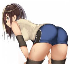 Rule 34 | 1girl, ass, bare shoulders, bent over, blue eyes, blue shorts, blush, breasts, brown hair, brown thighhighs, closed mouth, commentary request, cowboy shot, elbow pads, grey shirt, hands on own thighs, kureha (ironika), long hair, medium breasts, original, profile, shirt, short shorts, shorts, sidelocks, simple background, sleeveless, sleeveless shirt, solo, sportswear, sweat, thighhighs, thighs, tsubasa (kureha), volleyball uniform, white background