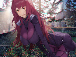 Rule 34 | 1girl, armor, ass, backlighting, bodysuit, breasts, fate/grand order, fate (series), large breasts, leaning forward, long hair, looking at viewer, neee-t, open mouth, outdoors, pauldrons, purple bodysuit, purple hair, red eyes, scathach (fate), shoulder armor, smile, thighs, tree